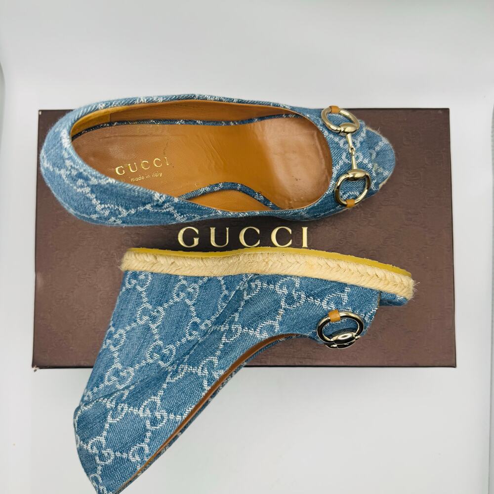 Gucci Denim Monogram Espadrille Wedges Horsebit Blue Size EU 37 - Picture 5 of 15